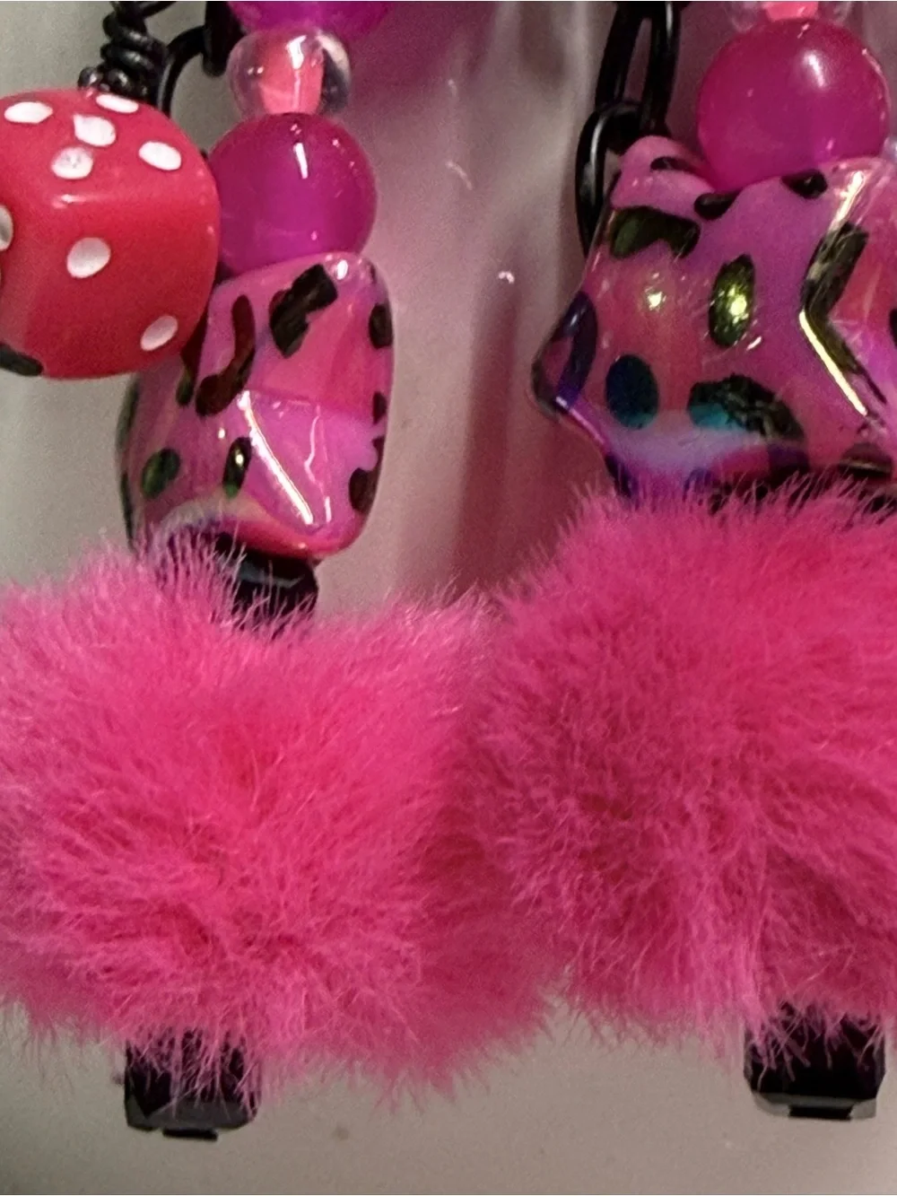 Handmade Y2K Hot Pink Fuzzy Pom Pom Dangle Earrings | Whimsigoth Emo Alt Goth